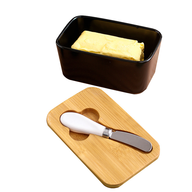 Кутия за масло с капак, керамична, правоъгълна кутия за съхранение на сирене с нож - Mufu family