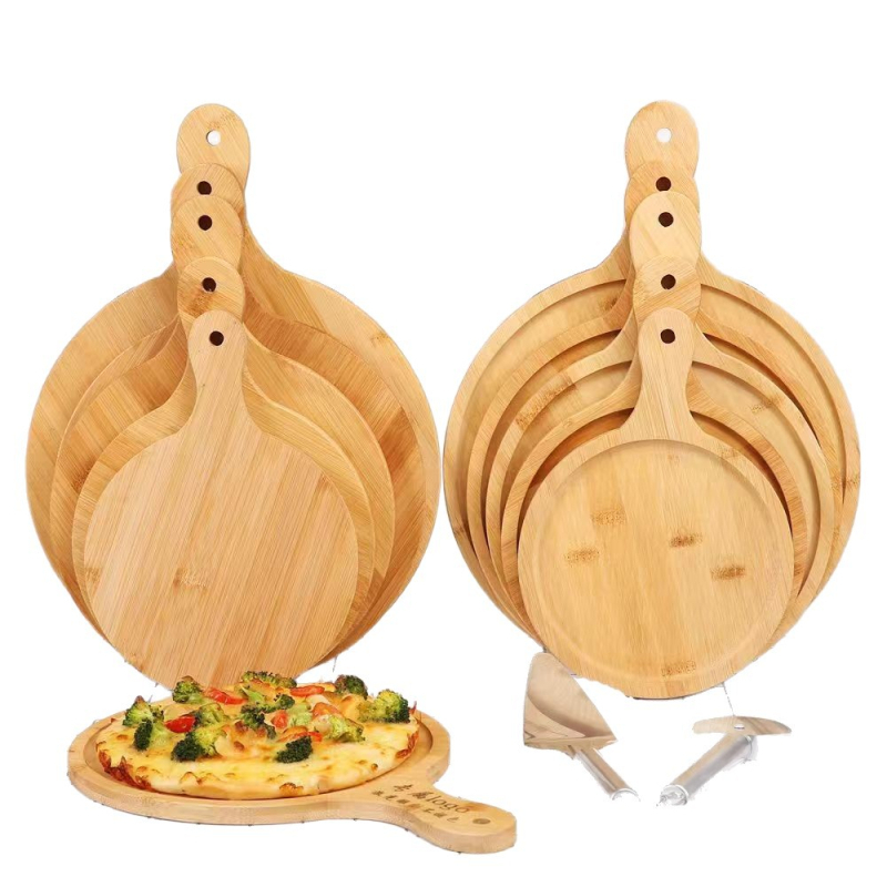 Ruisi drvena okrugla ploča za pizzu s drškom, gravirana površina, za restoran (kruh, desert, sushi, torta)