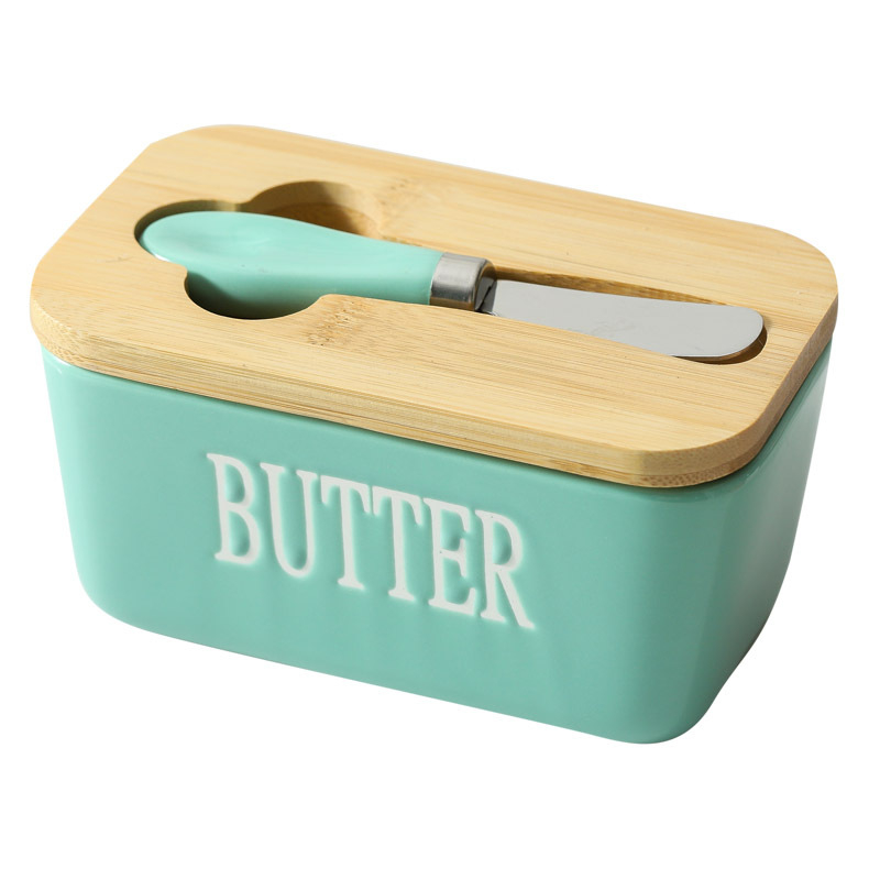 Керамична кутия за масло с нож и дървена капачка; правоъгълна кутия за съхранение на масло и сирене; подходяща за микровълнова, фурна и съдомиялна машина.