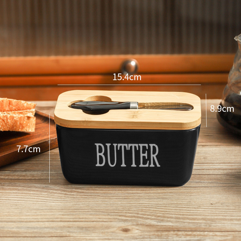Керамична кутия за масло с нож и дървена капачка; правоъгълна кутия за съхранение на масло и сирене; подходяща за микровълнова, фурна и съдомиялна машина.