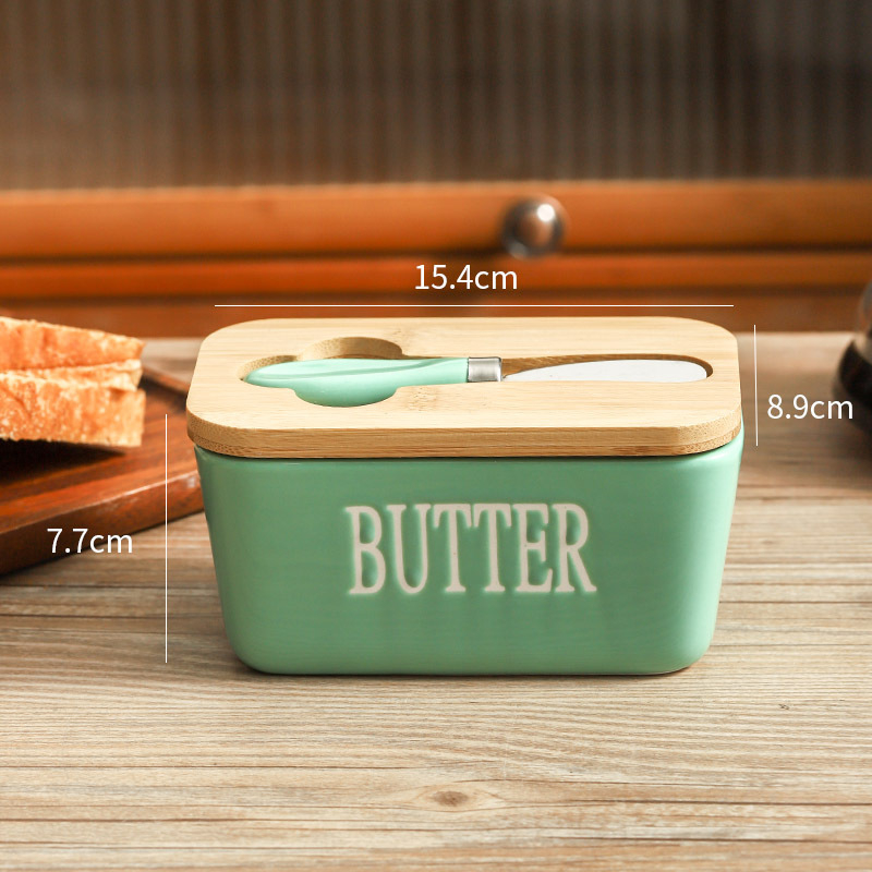 Керамична кутия за масло с нож и дървена капачка; правоъгълна кутия за съхранение на масло и сирене; подходяща за микровълнова, фурна и съдомиялна машина.