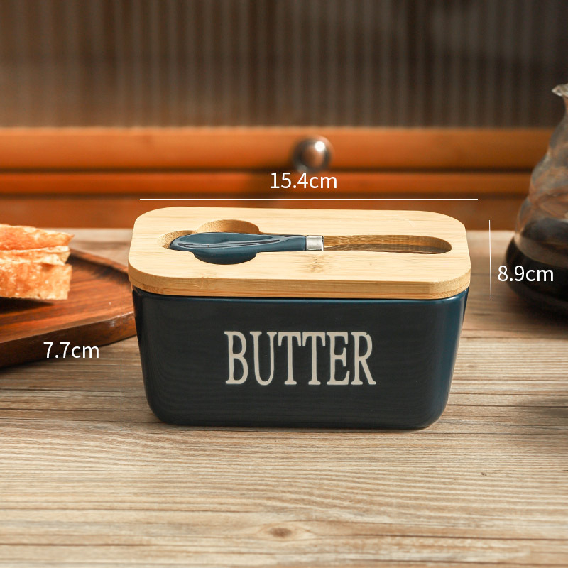 Керамична кутия за масло с нож и дървена капачка; правоъгълна кутия за съхранение на масло и сирене; подходяща за микровълнова, фурна и съдомиялна машина.