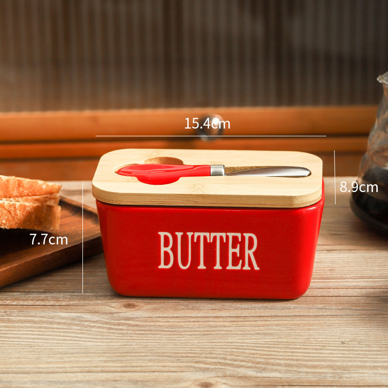 Керамична кутия за масло с нож и дървена капачка; правоъгълна кутия за съхранение на масло и сирене; подходяща за микровълнова, фурна и съдомиялна машина.