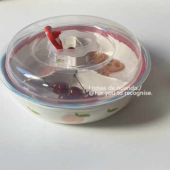 Porcelanski podijeljeni tanjur s poklopcem za porciju — Nordic stil, nepravilnog oblika, uzorak biljaka, pod glazurom