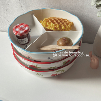 Porcelanski podijeljeni tanjur s poklopcem za porciju — Nordic stil, nepravilnog oblika, uzorak biljaka, pod glazurom