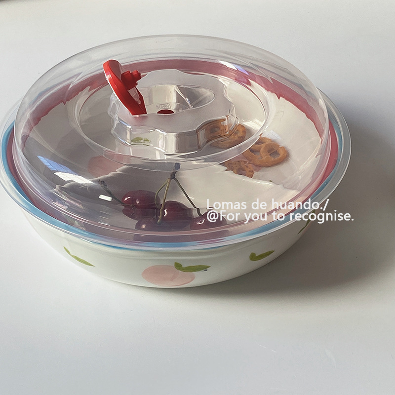 Porcelanski podijeljeni tanjur s poklopcem za porciju — Nordic stil, nepravilnog oblika, uzorak biljaka, pod glazurom