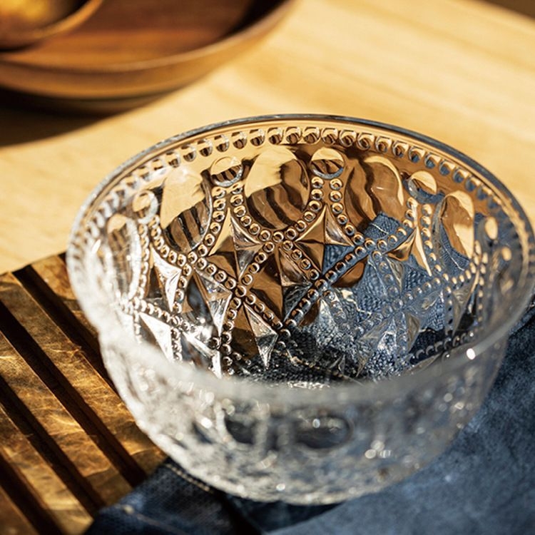 Vas de desert din sticlă, în stil european vintage, cu relief floral, sticlă rezistentă la temperaturi, suprafață electroplacată, opțiune de logotip personalizat