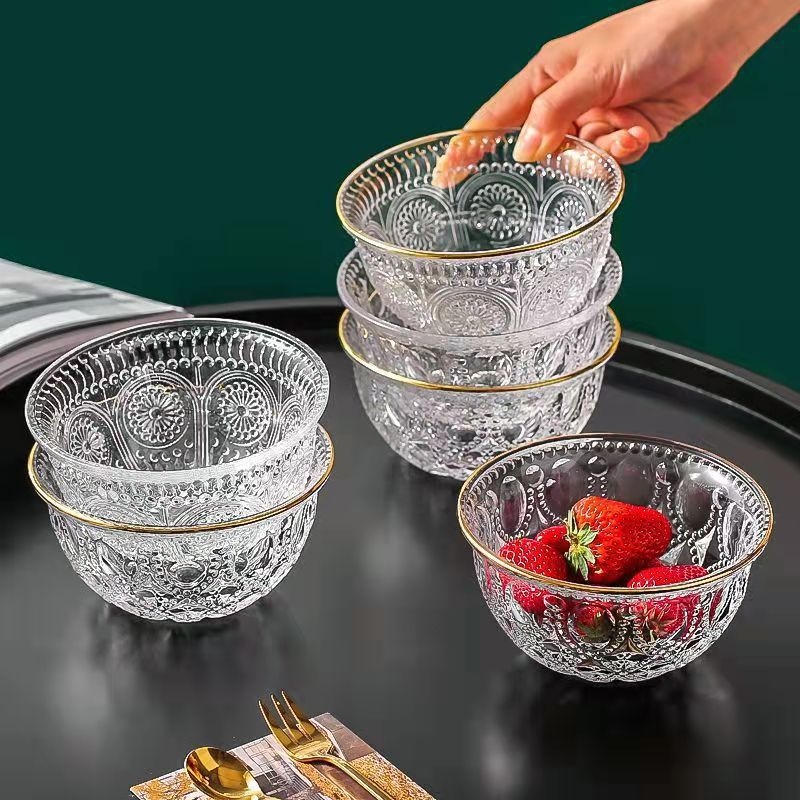 Vas de desert din sticlă, în stil european vintage, cu relief floral, sticlă rezistentă la temperaturi, suprafață electroplacată, opțiune de logotip personalizat