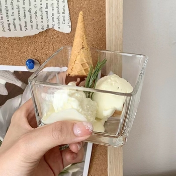 Kvadratična staklena zdjela za deserte, moderni minimalistički dizajn, tiskano logo, prilagodljivo