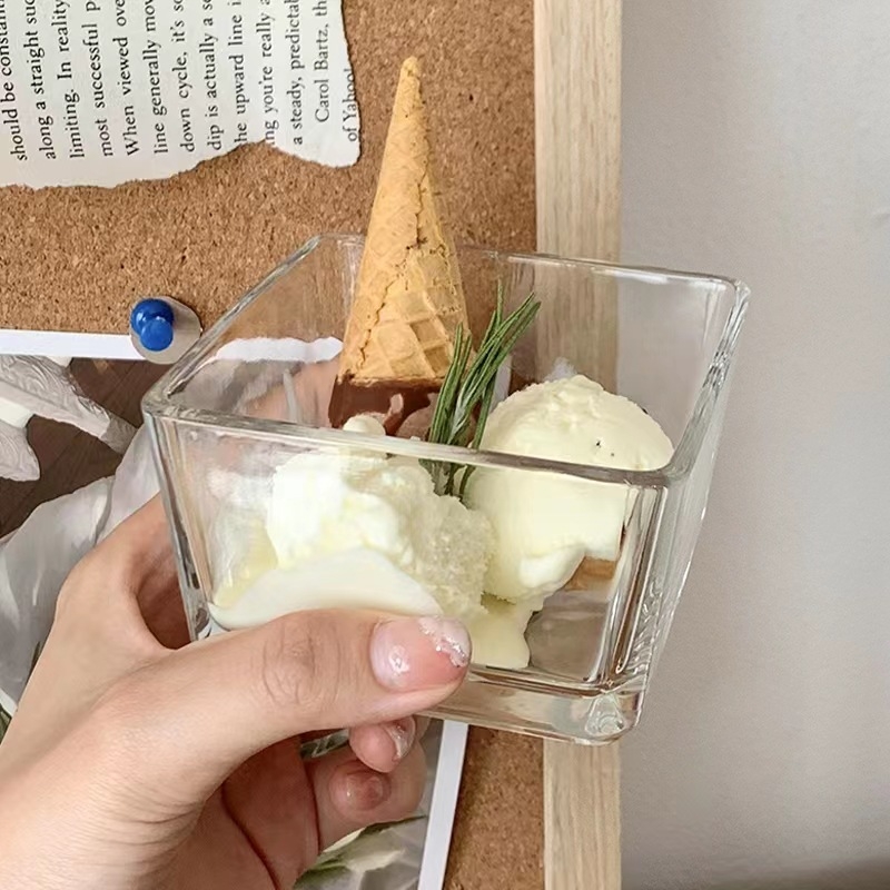 Kvadratična staklena zdjela za deserte, moderni minimalistički dizajn, tiskano logo, prilagodljivo