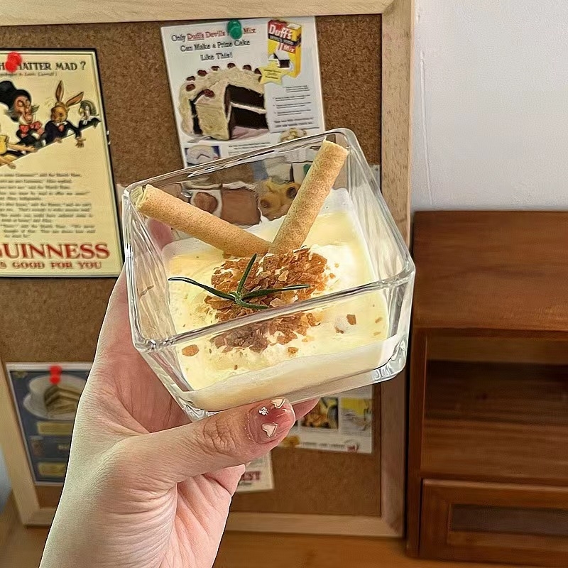 Kvadratična staklena zdjela za deserte, moderni minimalistički dizajn, tiskano logo, prilagodljivo