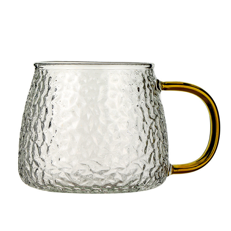 Čajna šalica od stakla s držalom, s teksturom udarnog kalanja, otporna na visoke temperature, jedna šalica s poklopcem