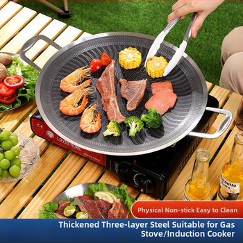 Rozsdamentes acélból készült körkörös kültéri grillsütő serpenyő kettős füllel, hordozható, tapadásmentes, könnyen tisztítható, korrózióálló