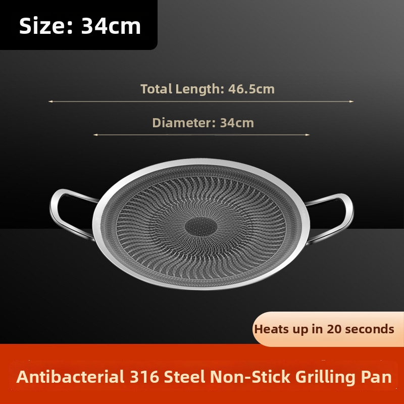 Rozsdamentes acélból készült körkörös kültéri grillsütő serpenyő kettős füllel, hordozható, tapadásmentes, könnyen tisztítható, korrózióálló