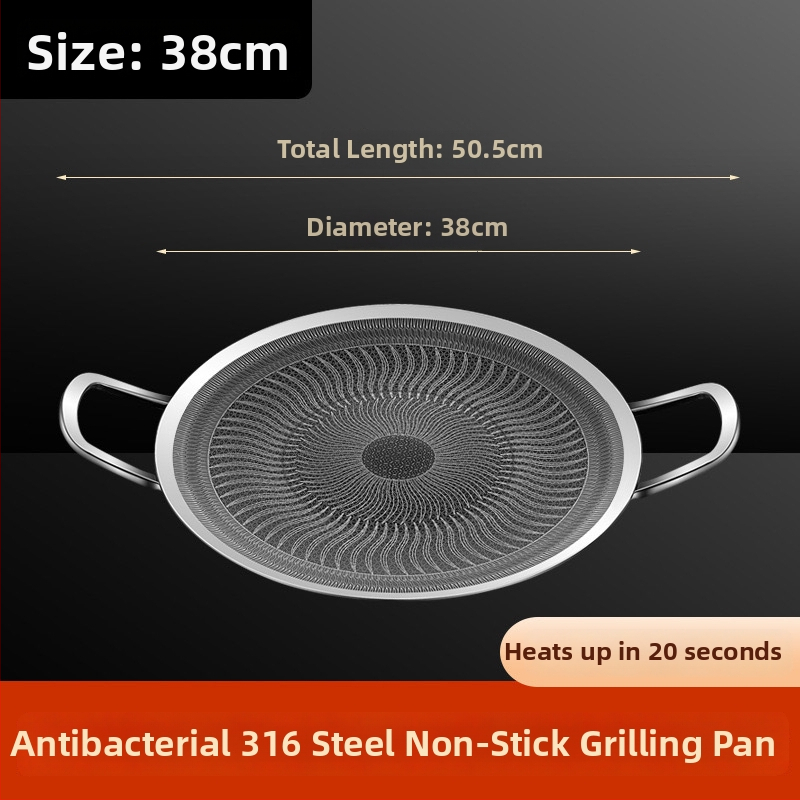 Rozsdamentes acélból készült körkörös kültéri grillsütő serpenyő kettős füllel, hordozható, tapadásmentes, könnyen tisztítható, korrózióálló