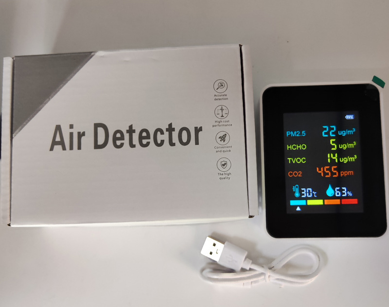 Monitor portabil de calitate a aerului: CO, CO2, formaldehidă, TVOC, PM2.5, PM10; interval 400–5000 PPM; precizie 10 PPM; alimentare Type-C