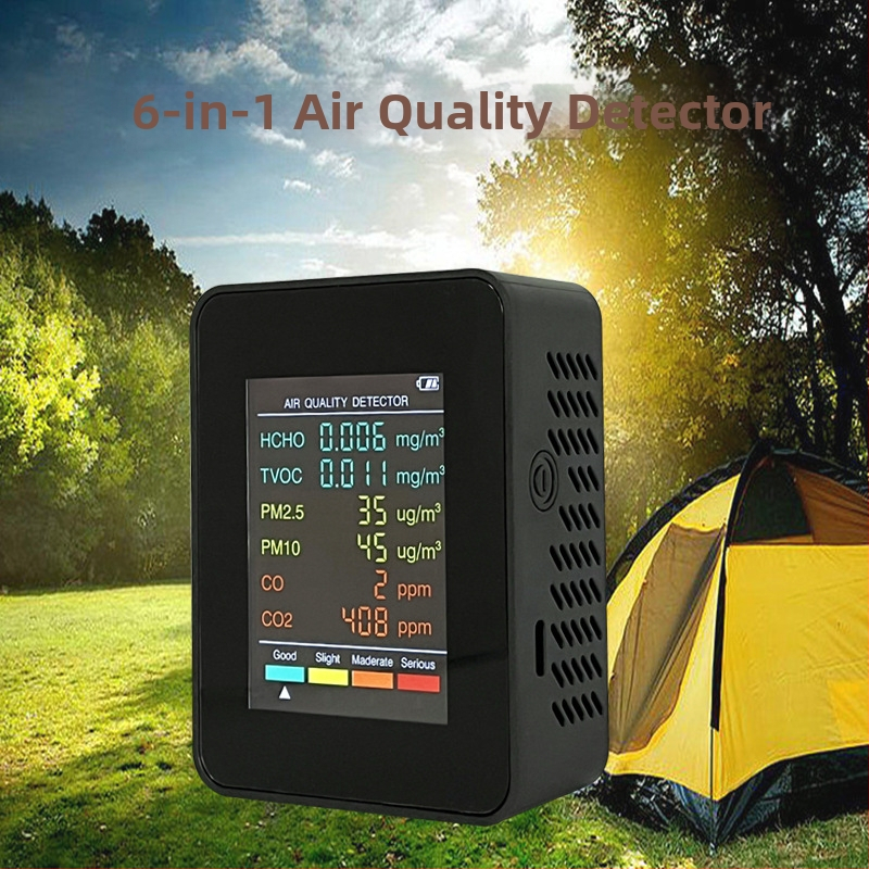 Prenosný merač kvality ovzdušia: CO, CO2, formaldehyd, TVOC, PM2.5, PM10; rozsah 400–5000 PPM; presnosť 10 PPM; napájanie Type-C