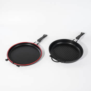 Okrugla aluminijska dvostruka tava s ravnim dnom - non-stick, bez dima; pogodna za prženje steakova; kompatibilna s indukcijskim, plinskim i običnim štednjacima; aluminijski poklopac.