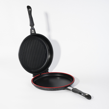 Okrugla aluminijska dvostruka tava s ravnim dnom - non-stick, bez dima; pogodna za prženje steakova; kompatibilna s indukcijskim, plinskim i običnim štednjacima; aluminijski poklopac.