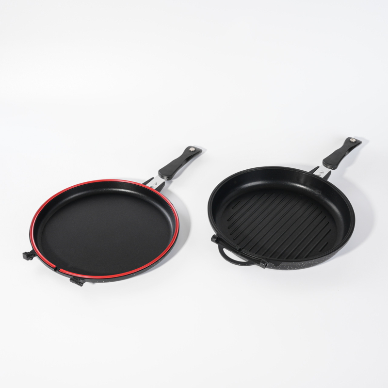 Okrugla aluminijska dvostruka tava s ravnim dnom - non-stick, bez dima; pogodna za prženje steakova; kompatibilna s indukcijskim, plinskim i običnim štednjacima; aluminijski poklopac.