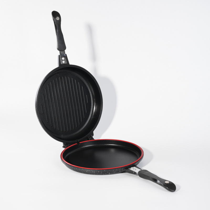 Okrugla aluminijska dvostruka tava s ravnim dnom - non-stick, bez dima; pogodna za prženje steakova; kompatibilna s indukcijskim, plinskim i običnim štednjacima; aluminijski poklopac.
