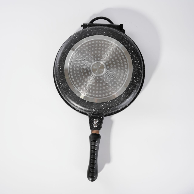Okrugla aluminijska dvostruka tava s ravnim dnom - non-stick, bez dima; pogodna za prženje steakova; kompatibilna s indukcijskim, plinskim i običnim štednjacima; aluminijski poklopac.