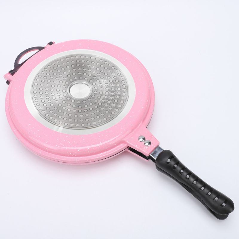 Okrugla aluminijska dvostruka tava s ravnim dnom - non-stick, bez dima; pogodna za prženje steakova; kompatibilna s indukcijskim, plinskim i običnim štednjacima; aluminijski poklopac.