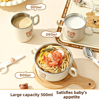 Dječji set posuđa od nehrđajućeg čelika – zdjela s dvostrukim držajem, otporna na pad, protiv opeklina, kvaliteta hrane, crtani stil, za djecu od 12 mjeseci i više
