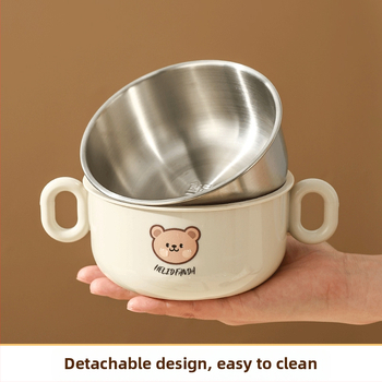 Dječji set posuđa od nehrđajućeg čelika – zdjela s dvostrukim držajem, otporna na pad, protiv opeklina, kvaliteta hrane, crtani stil, za djecu od 12 mjeseci i više
