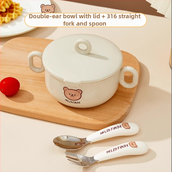 Dječji set posuđa od nehrđajućeg čelika – zdjela s dvostrukim držajem, otporna na pad, protiv opeklina, kvaliteta hrane, crtani stil, za djecu od 12 mjeseci i više