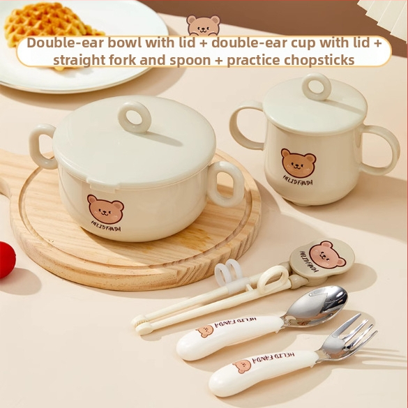 Dječji set posuđa od nehrđajućeg čelika – zdjela s dvostrukim držajem, otporna na pad, protiv opeklina, kvaliteta hrane, crtani stil, za djecu od 12 mjeseci i više
