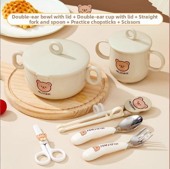 Dječji set posuđa od nehrđajućeg čelika – zdjela s dvostrukim držajem, otporna na pad, protiv opeklina, kvaliteta hrane, crtani stil, za djecu od 12 mjeseci i više