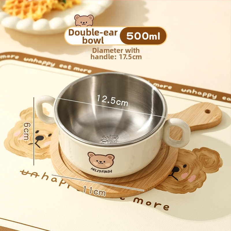 Dječji set posuđa od nehrđajućeg čelika – zdjela s dvostrukim držajem, otporna na pad, protiv opeklina, kvaliteta hrane, crtani stil, za djecu od 12 mjeseci i više