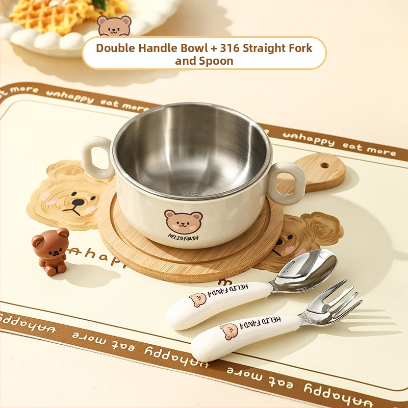 Dječji set posuđa od nehrđajućeg čelika – zdjela s dvostrukim držajem, otporna na pad, protiv opeklina, kvaliteta hrane, crtani stil, za djecu od 12 mjeseci i više