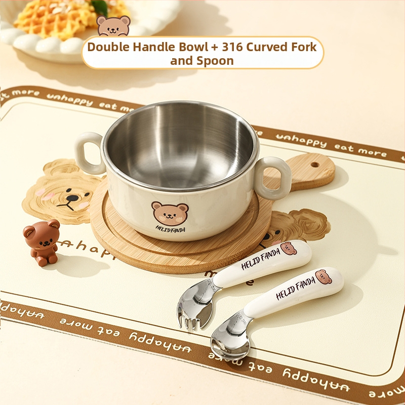 Dječji set posuđa od nehrđajućeg čelika – zdjela s dvostrukim držajem, otporna na pad, protiv opeklina, kvaliteta hrane, crtani stil, za djecu od 12 mjeseci i više