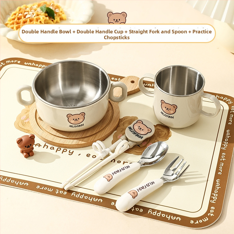 Dječji set posuđa od nehrđajućeg čelika – zdjela s dvostrukim držajem, otporna na pad, protiv opeklina, kvaliteta hrane, crtani stil, za djecu od 12 mjeseci i više