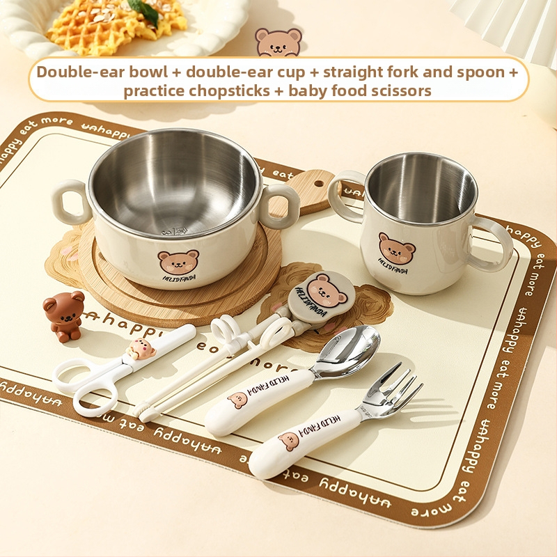 Dječji set posuđa od nehrđajućeg čelika – zdjela s dvostrukim držajem, otporna na pad, protiv opeklina, kvaliteta hrane, crtani stil, za djecu od 12 mjeseci i više