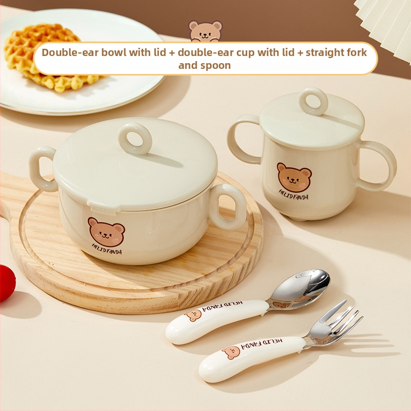 Dječji set posuđa od nehrđajućeg čelika – zdjela s dvostrukim držajem, otporna na pad, protiv opeklina, kvaliteta hrane, crtani stil, za djecu od 12 mjeseci i više