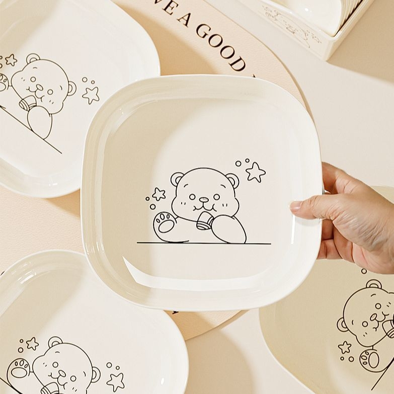 Πλαστικό ορθογώνιο πιάτο με μοτίβο χαριτωμένου αρκούδου, σχεδιασμός σε ιαπωνικό στυλ; δυνατότητα εκτύπωσης λογότυπου.