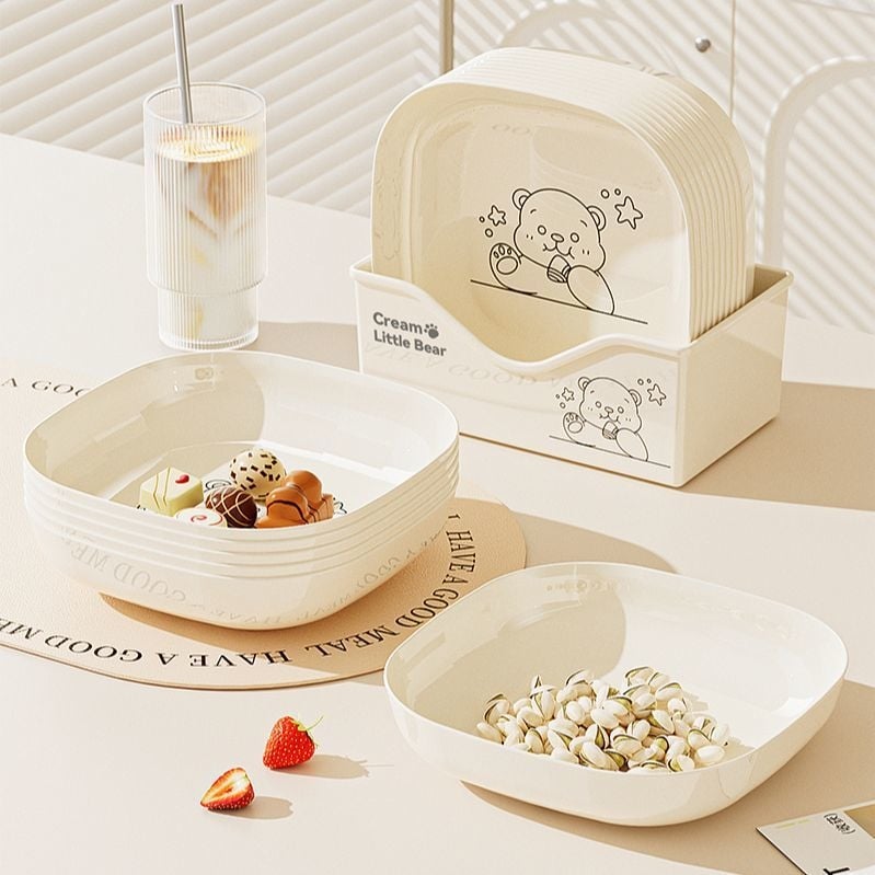 Πλαστικό ορθογώνιο πιάτο με μοτίβο χαριτωμένου αρκούδου, σχεδιασμός σε ιαπωνικό στυλ; δυνατότητα εκτύπωσης λογότυπου.