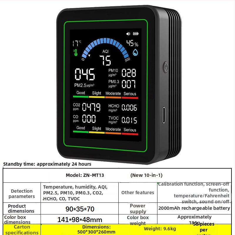 10-in-1 domáci detektor vzduchu Mt13: CO2 400-5000 ppm, formaldehyd, TVOC, CO, teplota a vlhkosť - napájanie 5V