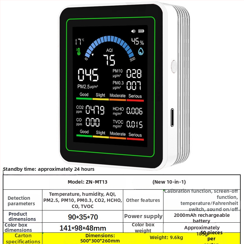 10-in-1 domáci detektor vzduchu Mt13: CO2 400-5000 ppm, formaldehyd, TVOC, CO, teplota a vlhkosť - napájanie 5V