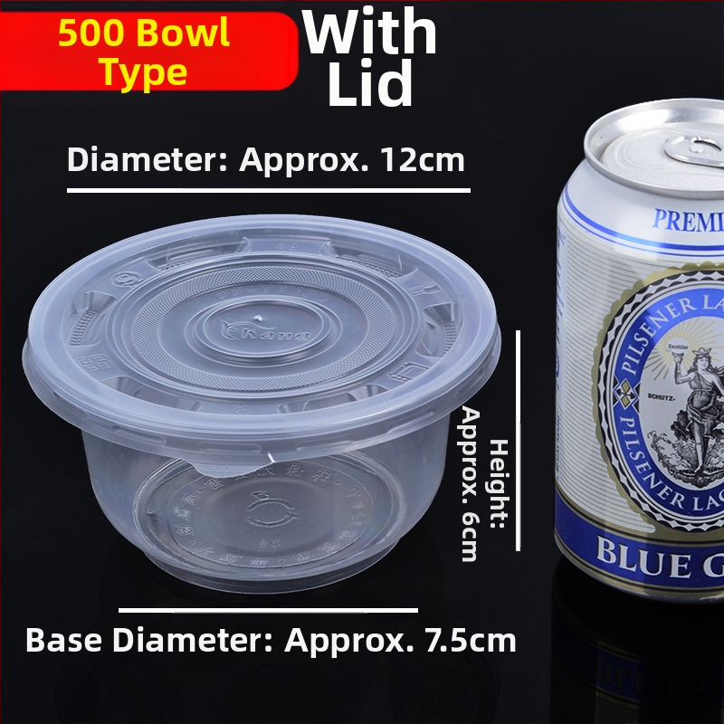 Jednorazové plastové okrúhle misky na polievku s vekom, na donášku a svadobné hostiny, domáce použitie | krabica 20–50 kusov | Nie sú biologicky odbúrateľné | Možnosť prispôsobeného spracovania