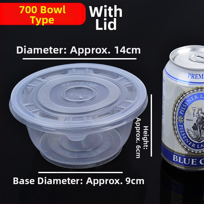 Jednorazové plastové okrúhle misky na polievku s vekom, na donášku a svadobné hostiny, domáce použitie | krabica 20–50 kusov | Nie sú biologicky odbúrateľné | Možnosť prispôsobeného spracovania