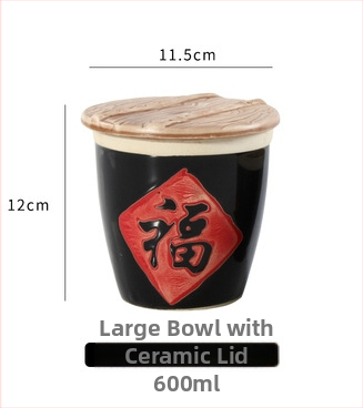 Kerámia tál áldás motívummal, fedővel — gőzölő tál szószok és levesek számára