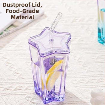Pahar din sticlă de cristal cu pai, capac, design stea cu cinci colțuri, etanș și rezistent la temperaturi înalte