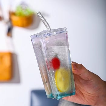 Pahar din sticlă de cristal cu pai, capac, design stea cu cinci colțuri, etanș și rezistent la temperaturi înalte