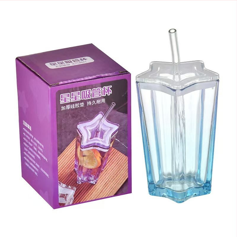 Pahar din sticlă de cristal cu pai, capac, design stea cu cinci colțuri, etanș și rezistent la temperaturi înalte