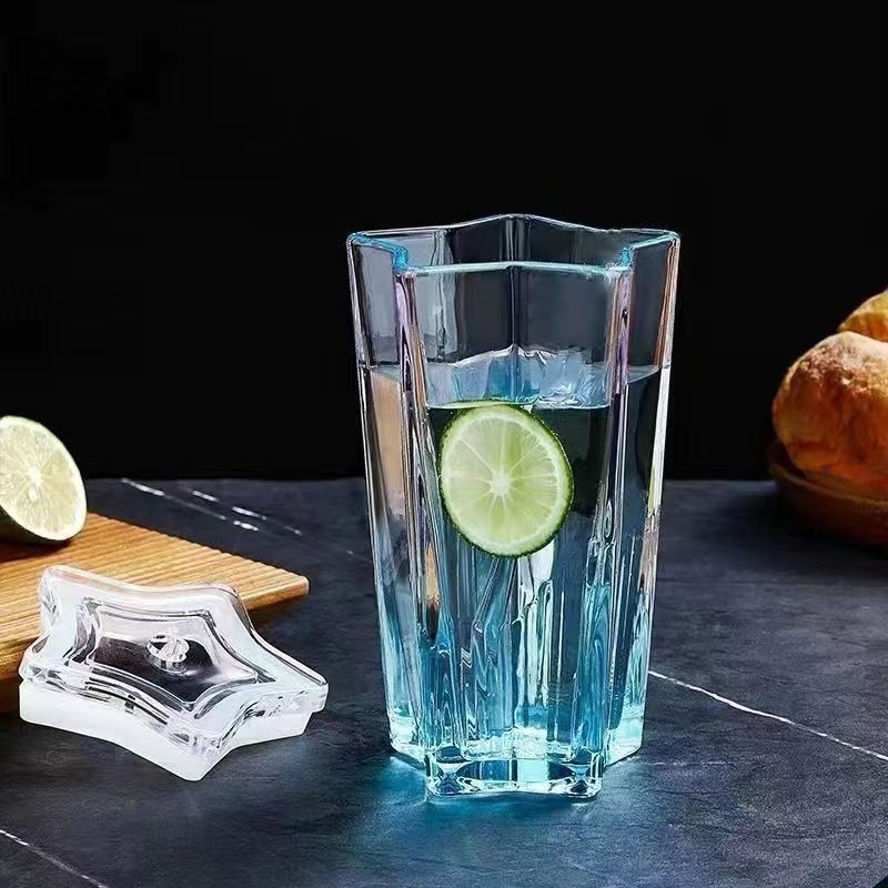 Pahar din sticlă de cristal cu pai, capac, design stea cu cinci colțuri, etanș și rezistent la temperaturi înalte