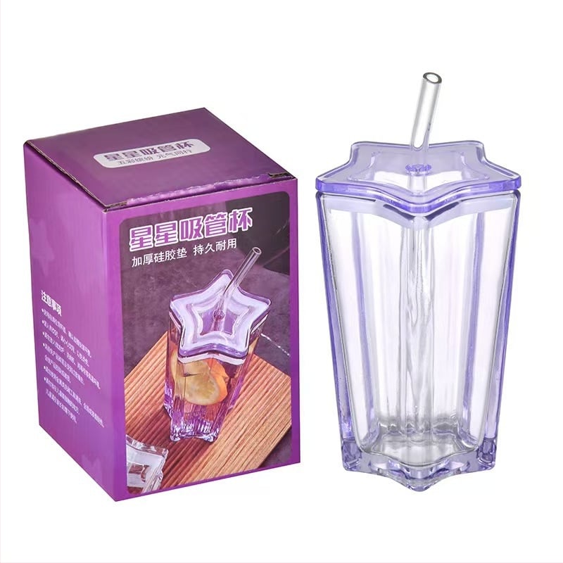 Pahar din sticlă de cristal cu pai, capac, design stea cu cinci colțuri, etanș și rezistent la temperaturi înalte